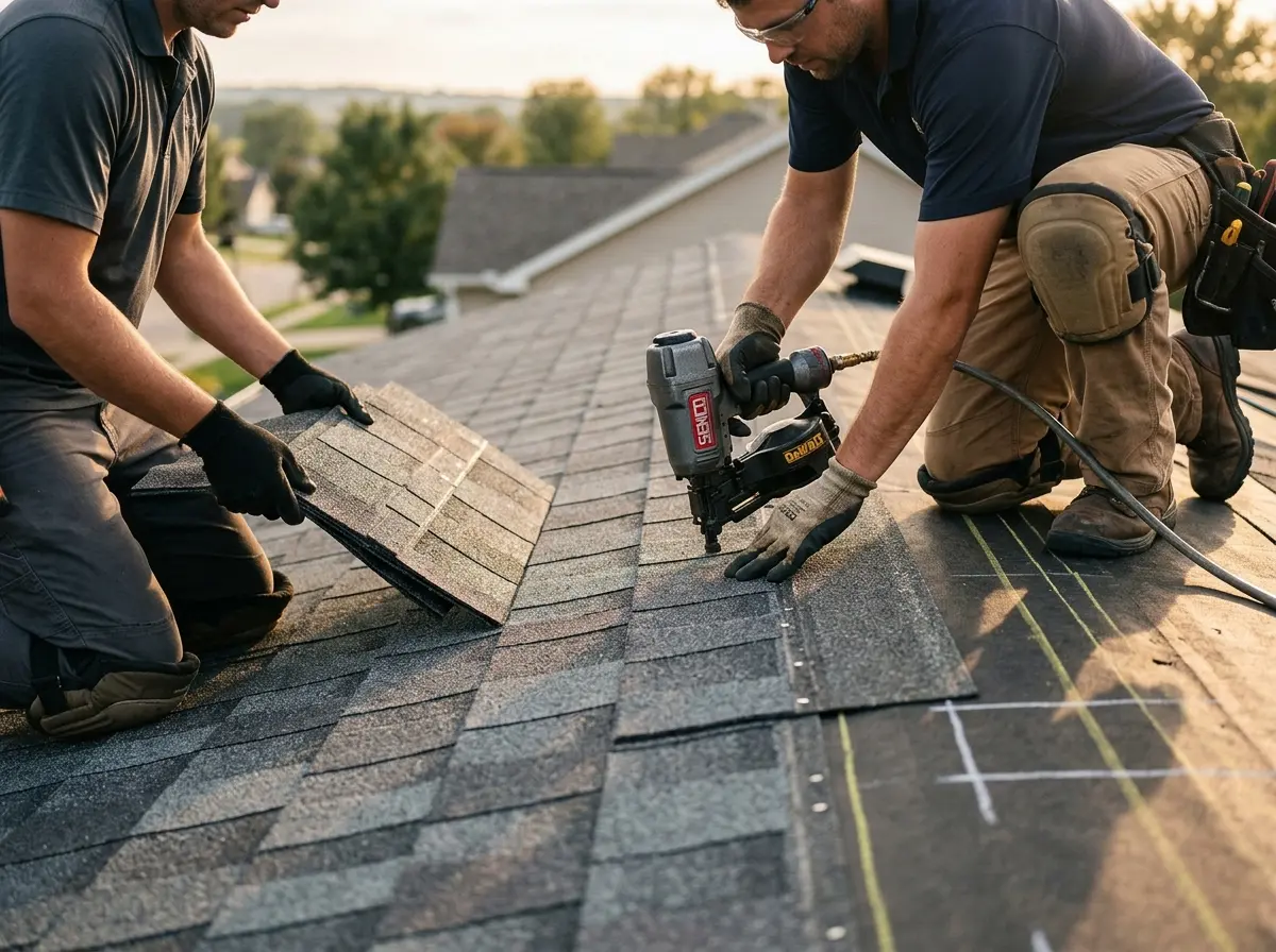 Professional roofer working on a residential roof in Walpole